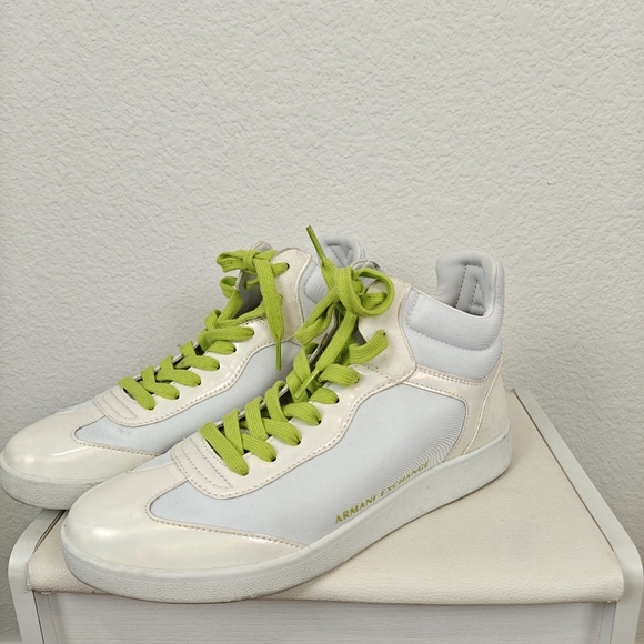 Armani Exchange High Top Lace Sneakers In Op White Acid Lime Size 9 Women's - Picture 4 of 10